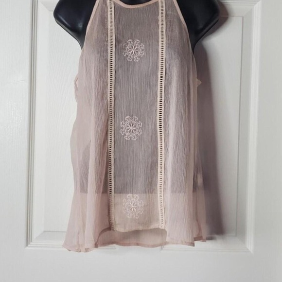 Tops - Allie Rose sheer pink halter top white floral embroidery vertical lace trim Y2K
